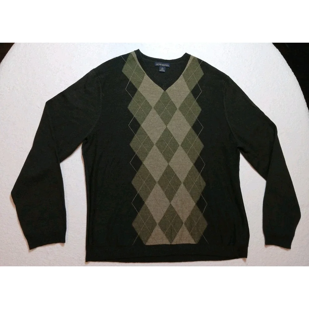 Banana Republic Men XL Sweater Extra Fine Italian Merino Wool Argyle Black Olive